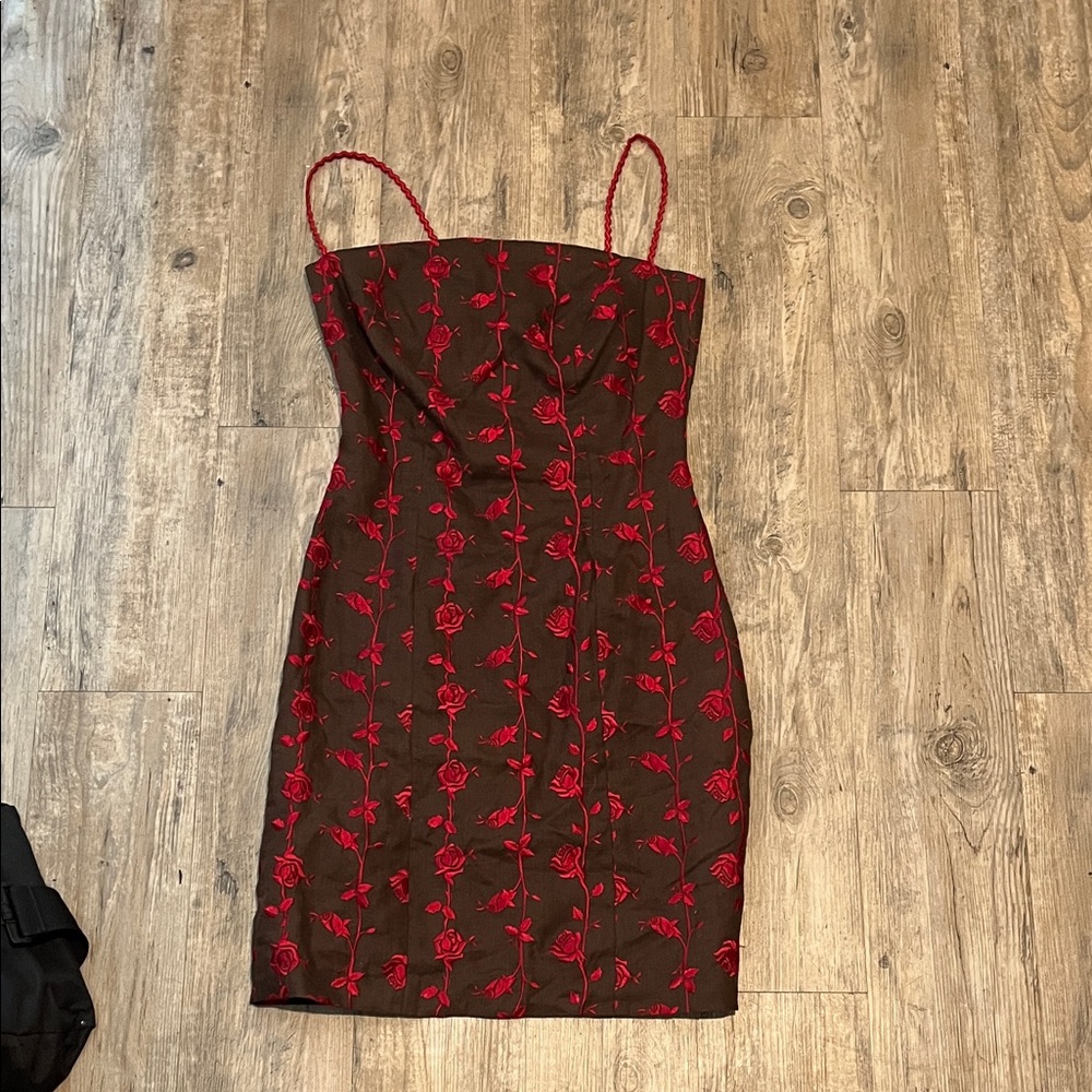 Saks Fifth Avenue Black Mini Dress with Red Floral Accents